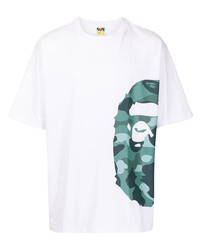 T-shirt à col rond imprimé blanc et vert A Bathing Ape