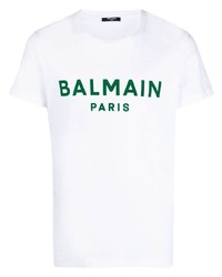 T-shirt à col rond imprimé blanc et vert Balmain