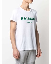 T-shirt à col rond imprimé blanc et vert Balmain