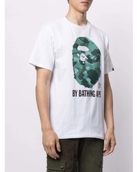 T-shirt à col rond imprimé blanc et vert A Bathing Ape