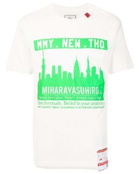 T-shirt à col rond imprimé blanc et vert Maison Mihara Yasuhiro