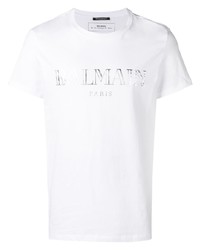 T-shirt à col rond imprimé blanc Balmain