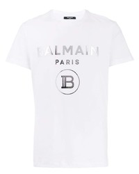 T-shirt à col rond imprimé blanc Balmain