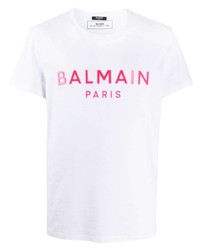 T-shirt à col rond imprimé blanc Balmain