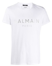 T-shirt à col rond imprimé blanc Balmain