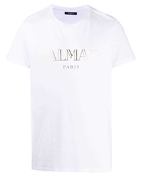 T-shirt à col rond imprimé blanc Balmain