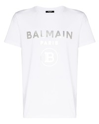 T-shirt à col rond imprimé blanc Balmain