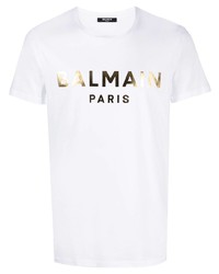 T-shirt à col rond imprimé blanc Balmain