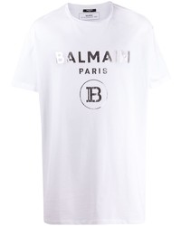 T-shirt à col rond imprimé blanc Balmain