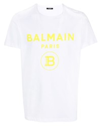 T-shirt à col rond imprimé blanc Balmain