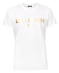 T-shirt à col rond imprimé blanc Balmain