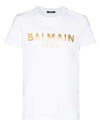 T-shirt à col rond imprimé blanc Balmain