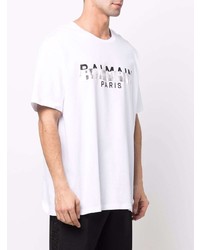 T-shirt à col rond imprimé blanc Balmain