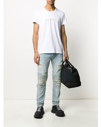 T-shirt à col rond imprimé blanc Balmain