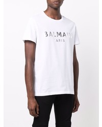 T-shirt à col rond imprimé blanc Balmain