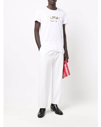 T-shirt à col rond imprimé blanc Balmain