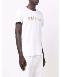 T-shirt à col rond imprimé blanc Balmain