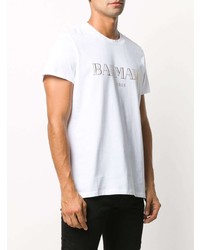 T-shirt à col rond imprimé blanc Balmain