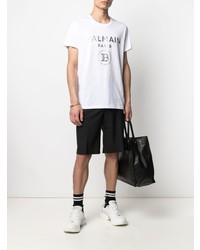 T-shirt à col rond imprimé blanc Balmain