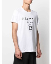 T-shirt à col rond imprimé blanc Balmain