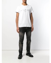 T-shirt à col rond imprimé blanc Balmain