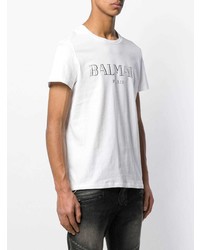 T-shirt à col rond imprimé blanc Balmain