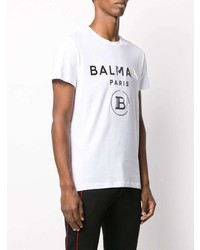 T-shirt à col rond imprimé blanc Balmain