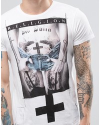T-shirt à col rond imprimé blanc Religion