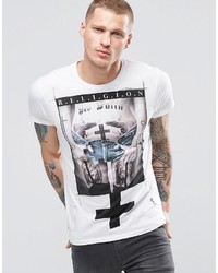 T-shirt à col rond imprimé blanc Religion