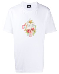 T-shirt à col rond imprimé blanc Stussy