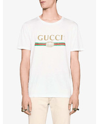 T-shirt à col rond imprimé blanc Gucci