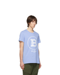 T-shirt à col rond imprimé bleu clair Balmain
