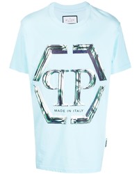 T-shirt à col rond imprimé bleu clair Philipp Plein
