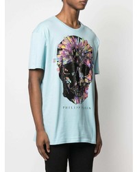 T-shirt à col rond imprimé bleu clair Philipp Plein