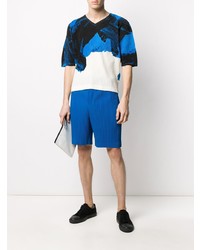 T-shirt à col rond imprimé bleu marine et blanc Homme Plissé Issey Miyake