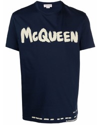 T-shirt à col rond imprimé bleu marine et blanc Alexander McQueen