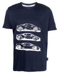 T-shirt à col rond imprimé bleu marine et blanc Automobili Lamborghini