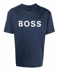 T-shirt à col rond imprimé bleu marine et blanc BOSS