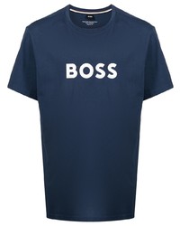 T-shirt à col rond imprimé bleu marine et blanc BOSS