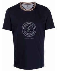 T-shirt à col rond imprimé bleu marine et blanc Brunello Cucinelli