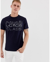 T-shirt à col rond imprimé bleu marine et blanc Cavalli Class
