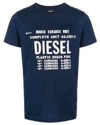 T-shirt à col rond imprimé bleu marine et blanc Diesel