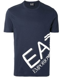 T-shirt à col rond imprimé bleu marine et blanc Ea7 Emporio Armani