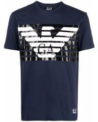 T-shirt à col rond imprimé bleu marine et blanc Ea7 Emporio Armani