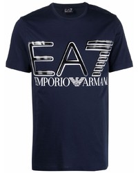 T-shirt à col rond imprimé bleu marine et blanc Ea7 Emporio Armani