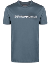 T-shirt à col rond imprimé bleu marine et blanc Ea7 Emporio Armani