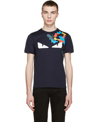 T-shirt à col rond imprimé bleu marine et blanc Fendi