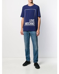 T-shirt à col rond imprimé bleu marine et blanc Love Moschino