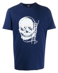 T-shirt à col rond imprimé bleu marine et blanc Just Cavalli