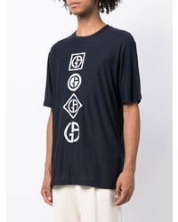 T-shirt à col rond imprimé bleu marine et blanc Giorgio Armani